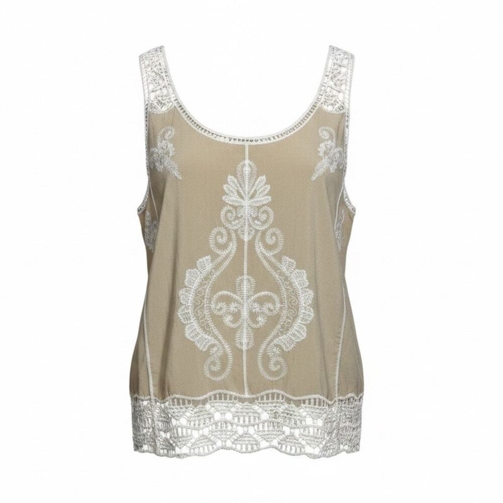 Ultra Pink Rayon Beige Tank with Beautiful White Embroidery Size Small NWT